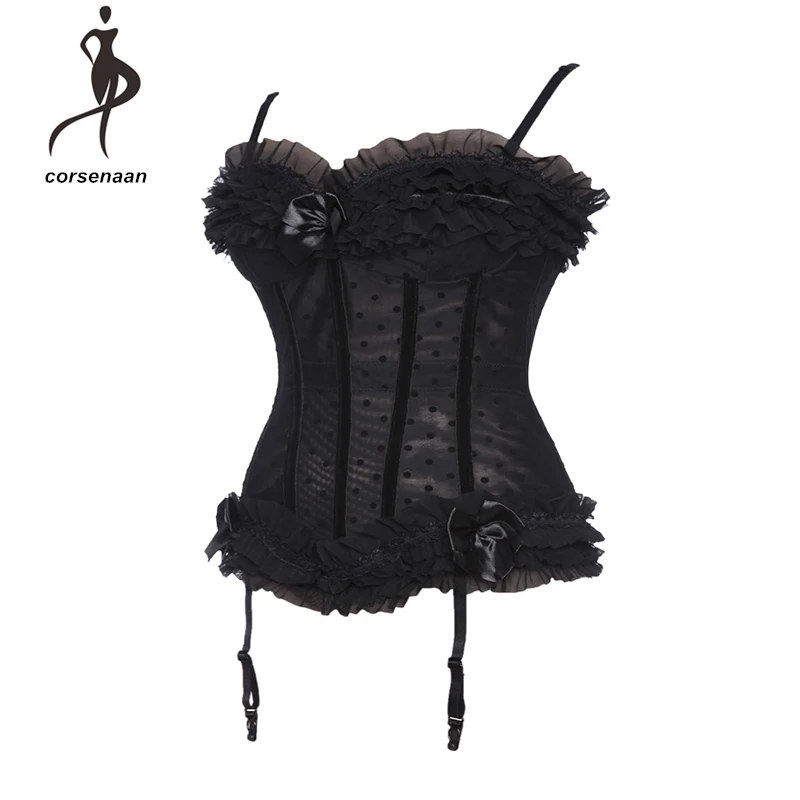 Кружевные корсеты готический черный горошек сетка Overbust Пуш ап бюстье Женское