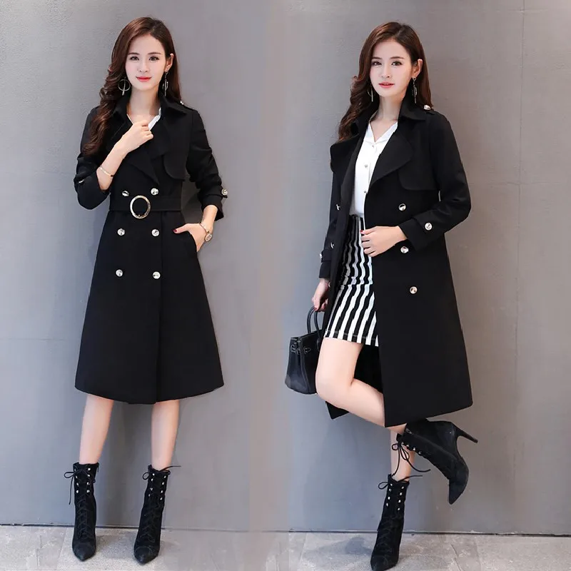 2019 Демисезонный длинный плащ пальто женское элегантное двубортное девушки с
