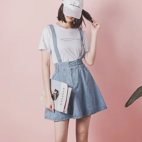 light blue Женские джинсовые юбки на подтяжках с высокой талией, с регулируемым ремнем, а-силуэт, мини джинсовая юбка размера плюс, эластичный студенческий джемпер, общая юбка - Цвет: light blue