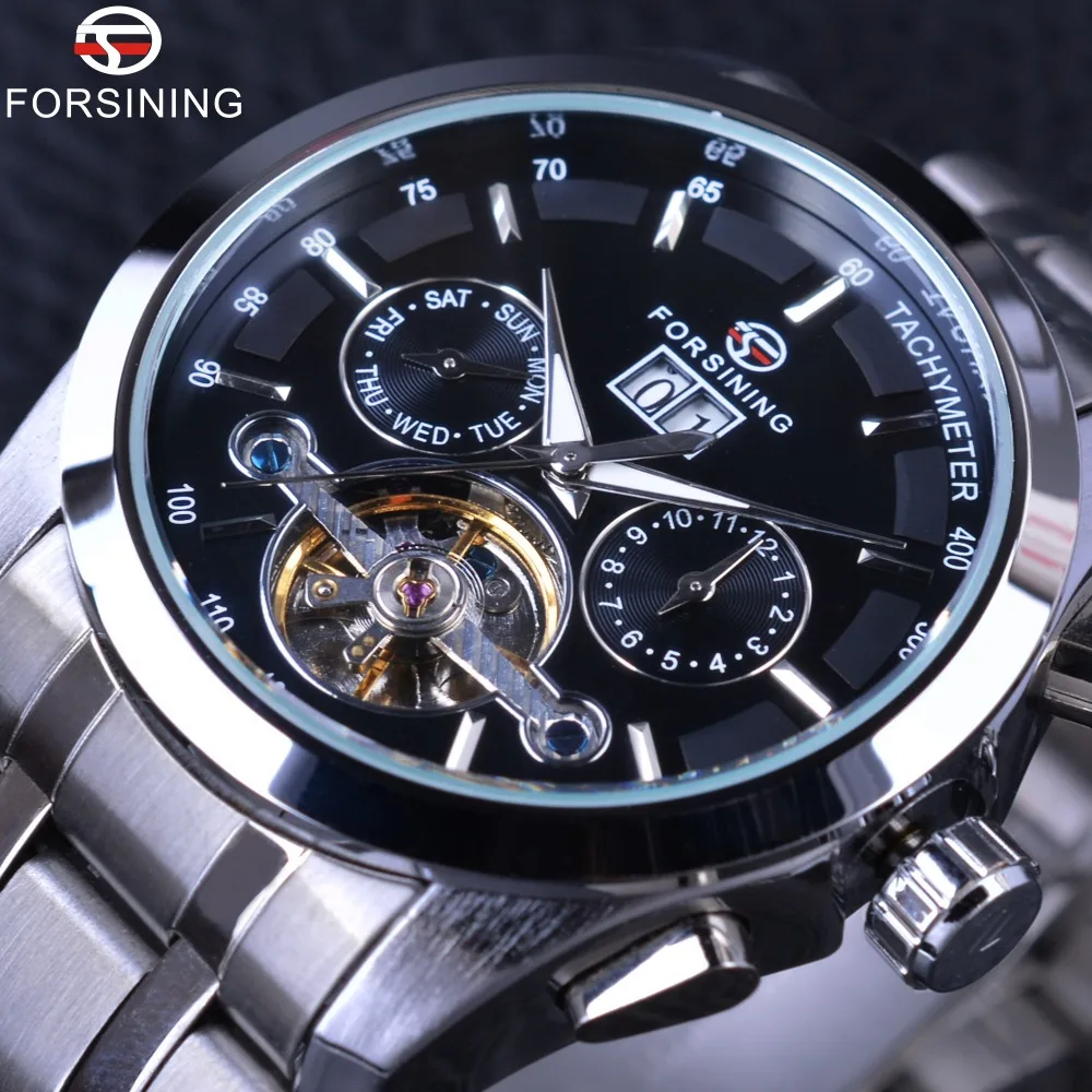 Forsining Роскошные Бизнес Серии Tourbillion Нержавеющей Стали Календарь Мужские