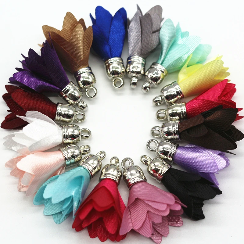 Borla para Chaveiro Flor Celular Cintas Jóias Seda Cetim Tecido Tassel Encantos 100 Pçs Mix Cor 28mm