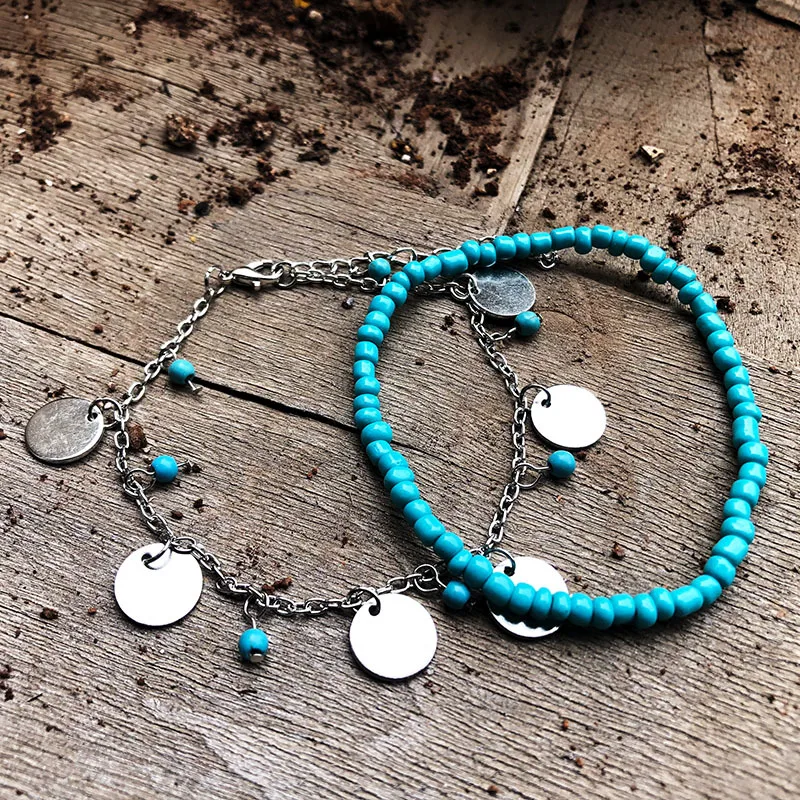 Женские браслеты с бусинами и монетами 2 шт./компл. богемные бирюзовые летние