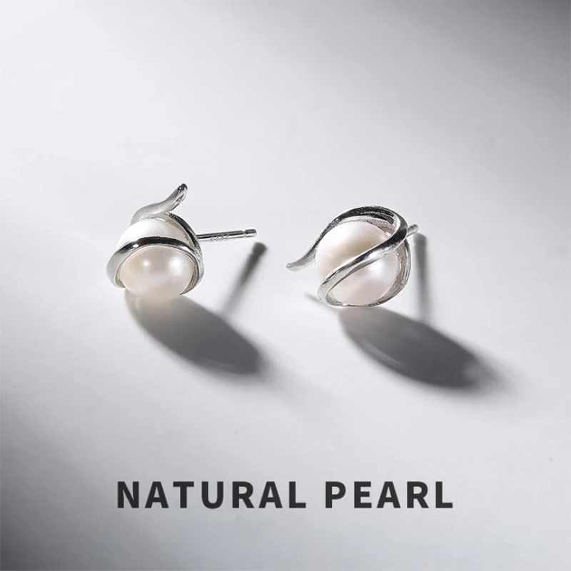 Женские серьги гвоздики из серебра 100% пробы с натуральным пресноводным