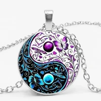 hot 3 colors tibet silver cabochon glass pendant chain necklace ying yang butterfly gifts for men and women