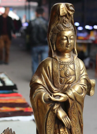 22 &quotКоролевская китайская Бронзовая позолота Дракон Кван-Инь Quan Yin Guan статуя