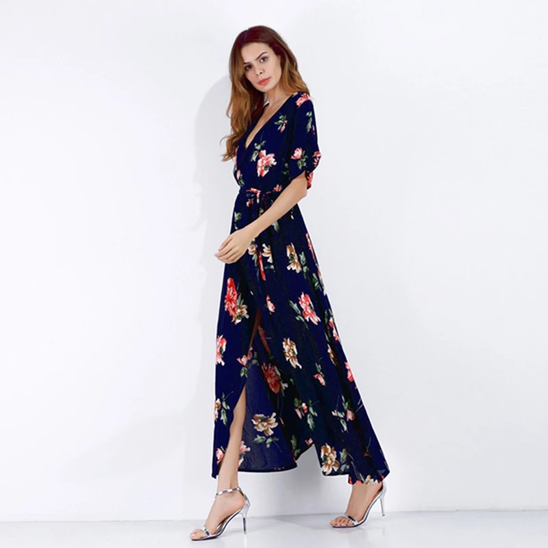 Женское шифоновое платье летний сарафан с цветочным принтом и разрезом по бокам