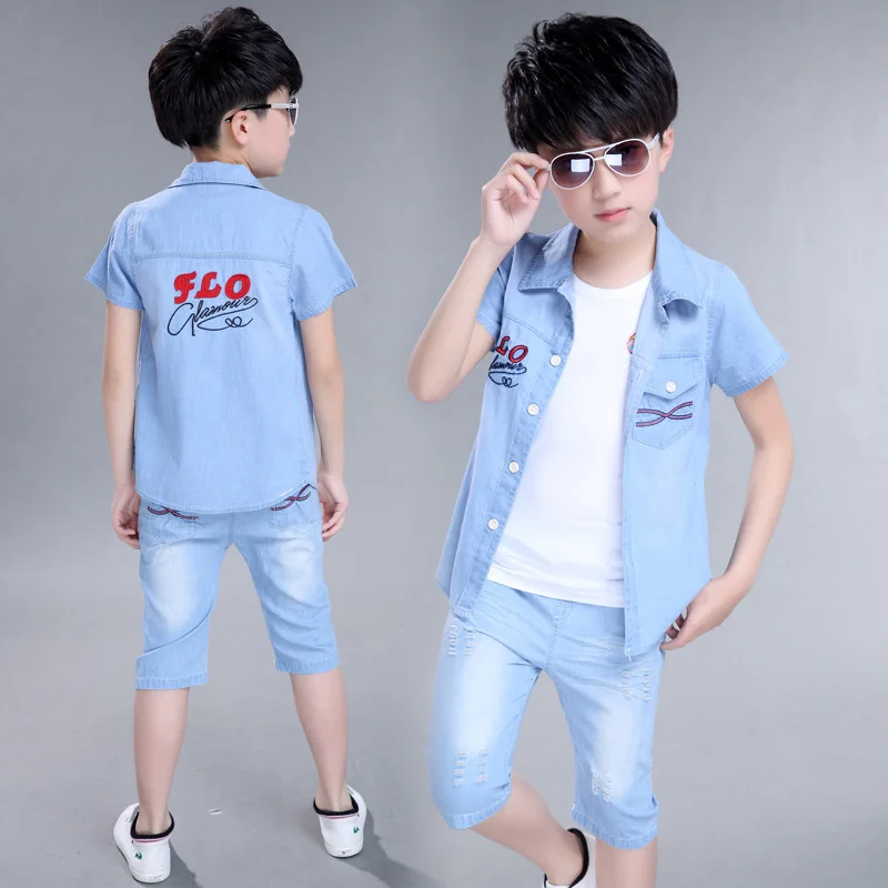 Kids Clothes Boy Summer Set Boys Denim Shirt + Jeans Shorts Children Clothing Brand for Size 4-14 |
