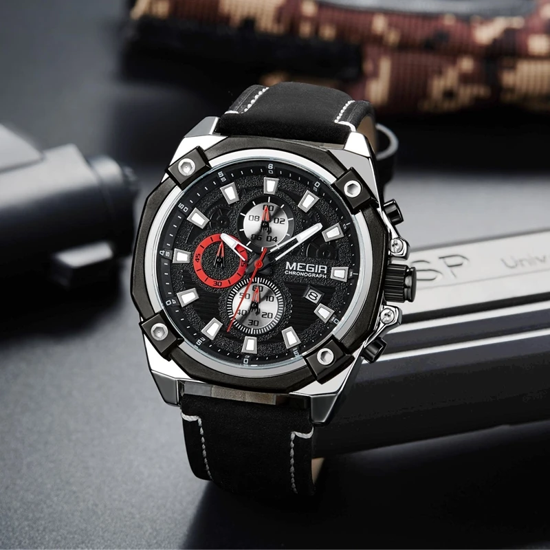 Лучшие брендовые роскошные часы мужские спортивные армейские военные кожаный ремешок MEGIR 2054 relogio masculino reloj