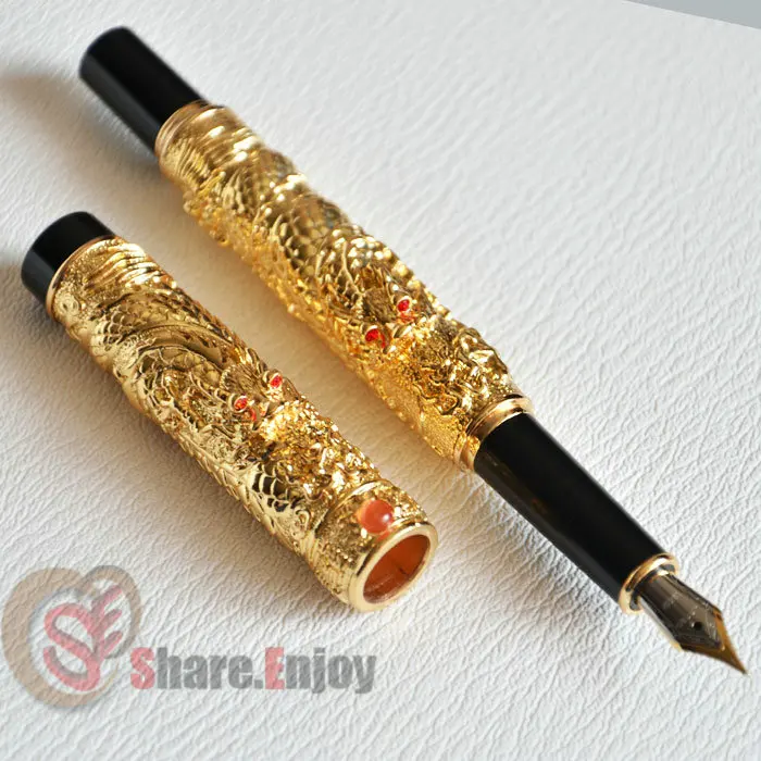Перьевая ручка JINHAO GOLDEN TWO DRAGON PLAY PEARL 18KGP с тонким наконечником и кристаллом|pen light|pen