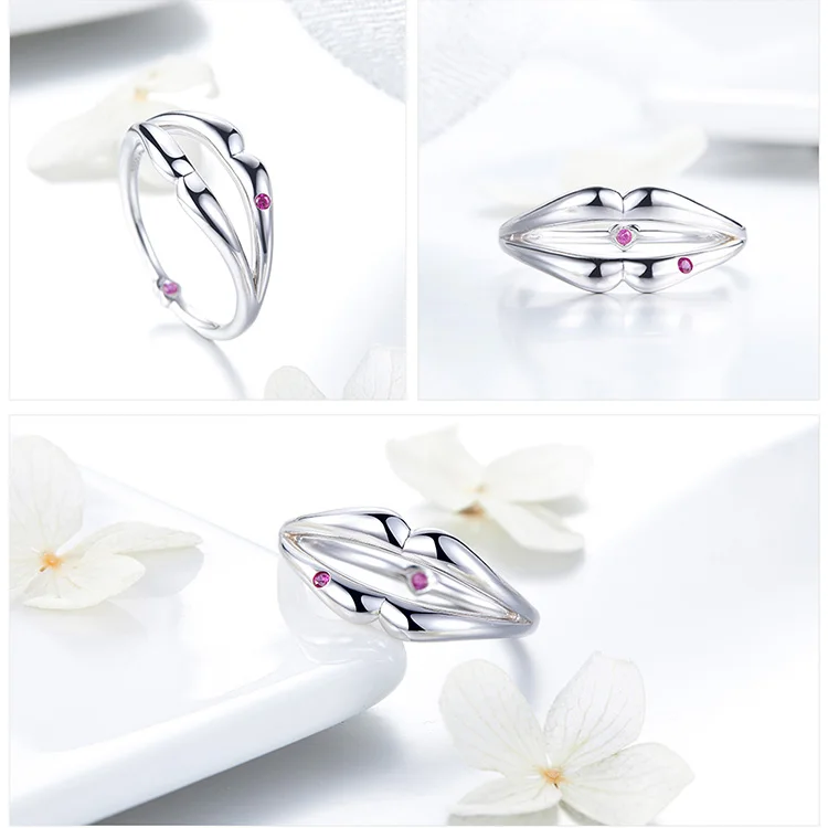BAMOER, новая коллекция, 925 пробы, серебряное кольцо на палец Love Kiss Lips, красные кольца CZ для женщин, обручальные ювелирные изделия BSR024