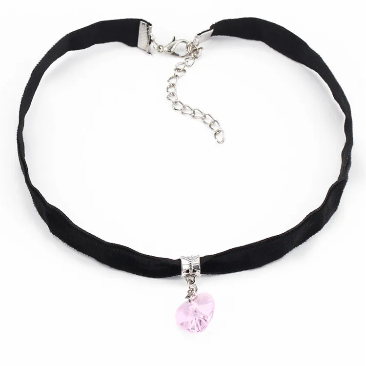 NJCS040pink Бархатное колье-чокер 17 км с сердечком и подвесками для женщин, 6 цветов, кружевные ожерелья, длинное ожерелье в стиле стимпанк - Окраска металла: NJCS040pink