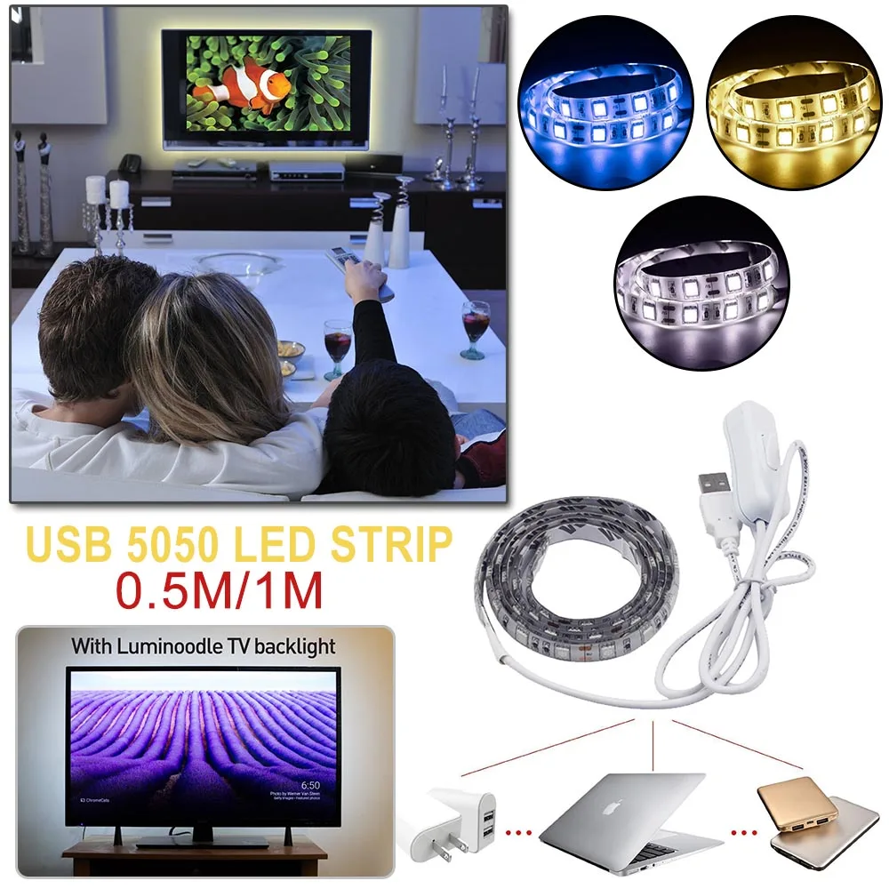 

DC5V USB Led Strip 5050 RGB Waterproof TV Background Lighting White PC board 60LEDs/m with 50CM/100CM Set