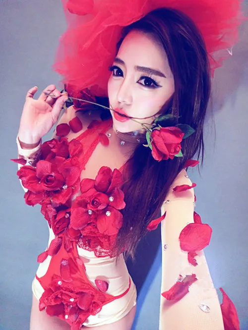 Боди с красными цветами розы сценические костюмы для бара ночного клуба Женский