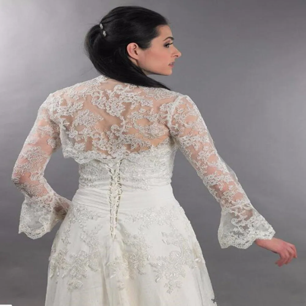 Real Picture Women New Front Open Bell Long Sleeve Wedding Jackets Coat Bridal Wraps Boleros Lace Applique Custom Made Jacket | Свадьбы и