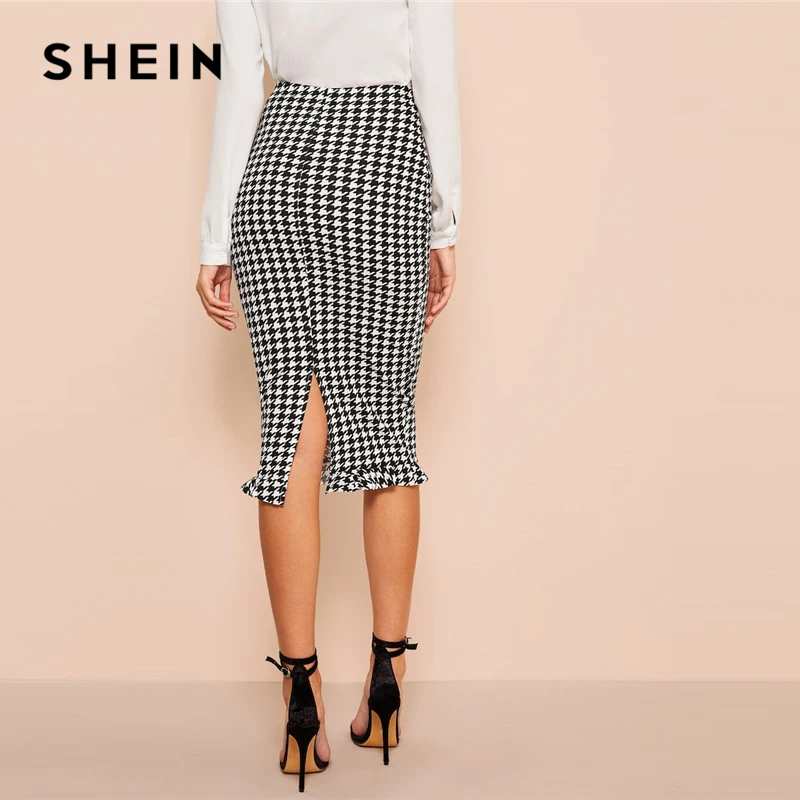 SHEIN черно-белая облегающая юбка-футляр с оборкой и рисунком «гусиная лапка», Женская Весенняя элегантная повседневная прямая Длинная юбка с высокой талией