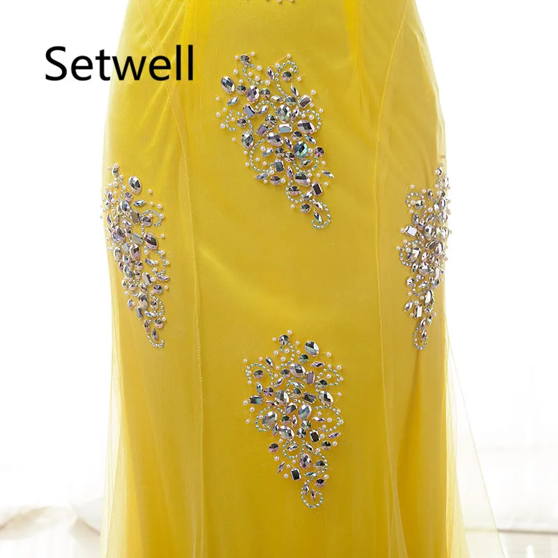 

Setwell Prom Dresses 2017 Illusion Neckline Backless Mermaid Formal Evening Gowns Floor Length Crystal Beading Prom Dress