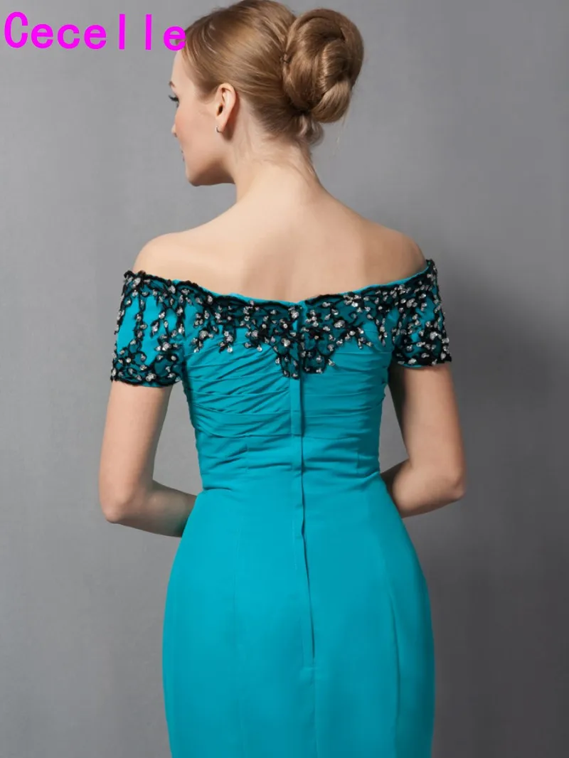 Teal Long Mermaid Floor Length Off Shoulder Chiffon Mother Of Bride Dresses With Short Sleeves Mother's Elegant Formal | Свадьбы и