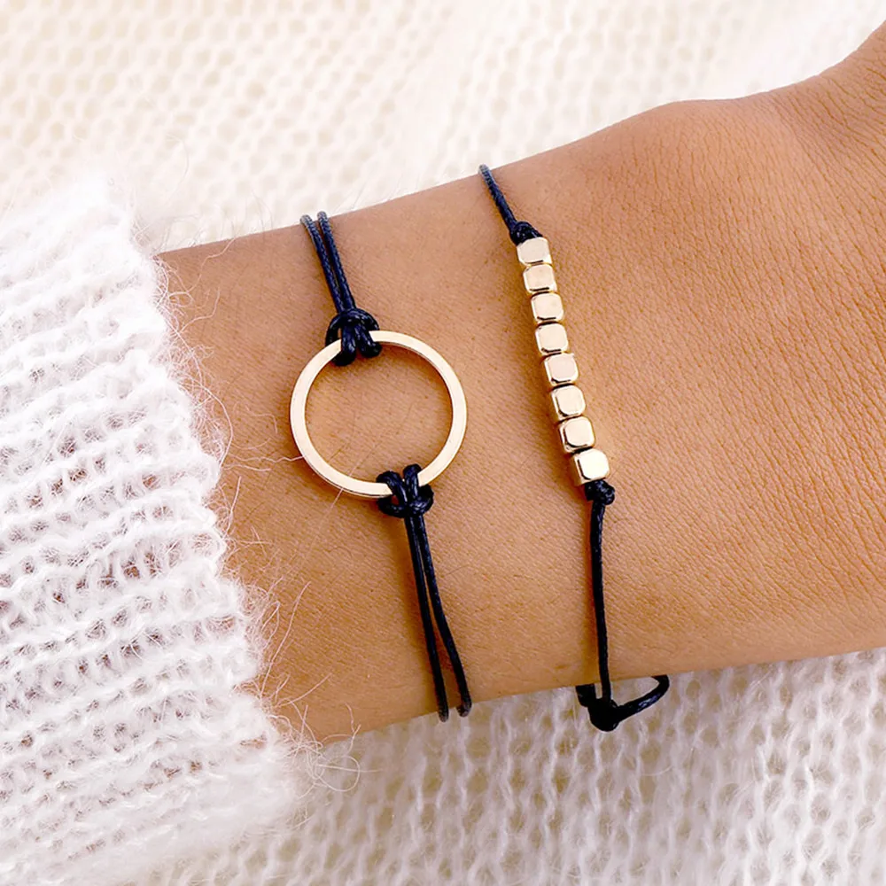 2 шт./компл. простой золотой браслет с подвесками Женский Регулируемый черный