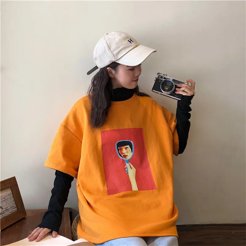 Новая Корейская женская одежда ulzzang уличная стильная индивидуальная Футболка с