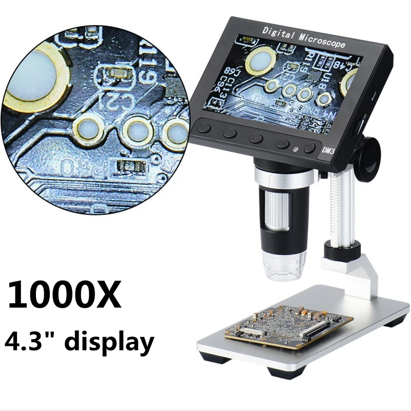 Цифровой электронный микроскоп, 1000х, 5,0 Мп, с USB-разъемом, ЖК-дисплей 4,3 дюйма, микроскоп с графическим видеоадаптером, с 8 светодиодами и подставкой для ремонта ППМ и материнских плат