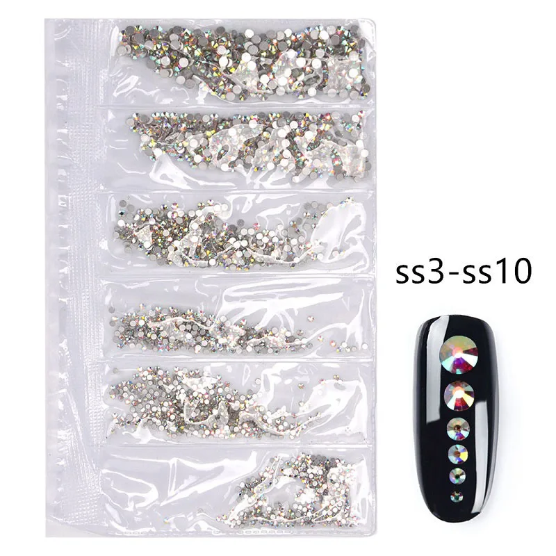Biutee 1728 шт./пакет цвета+АВ стразы для ногтей Crystal AB SS3-SS10 стразы стекло для ногтей 8 размеры 3D стразы для маникюра блестки для ногтей