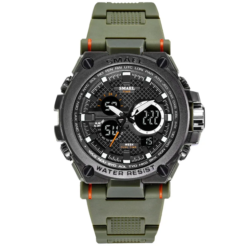 ArmyGreen Мужские часы, SMAEL, черные часы, аналого-цифровые наручные часы, светящиеся стрелки, секундомер, спортивные часы, reloj hombre, роскошные Брендовые Часы - Цвет: ArmyGreen