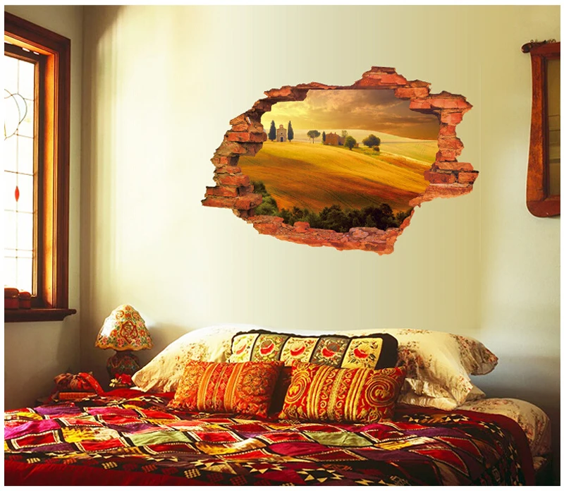 7 стилей 3D сломанная стена винтажный кирпичный Пейзаж Закат настенные наклейки