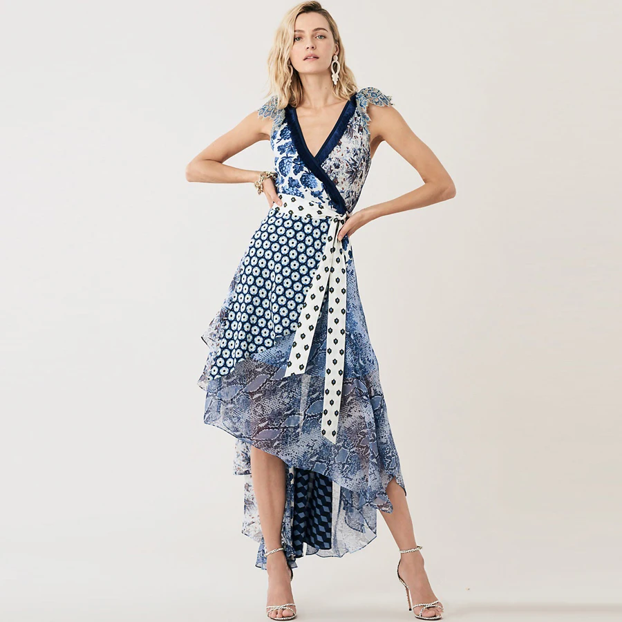 VERDEJULIAY Runway Summer Dress Women Luxury New Fashion Patchwork Dot Flower Print V-Neck Irregular Sexy Dress Vestidos