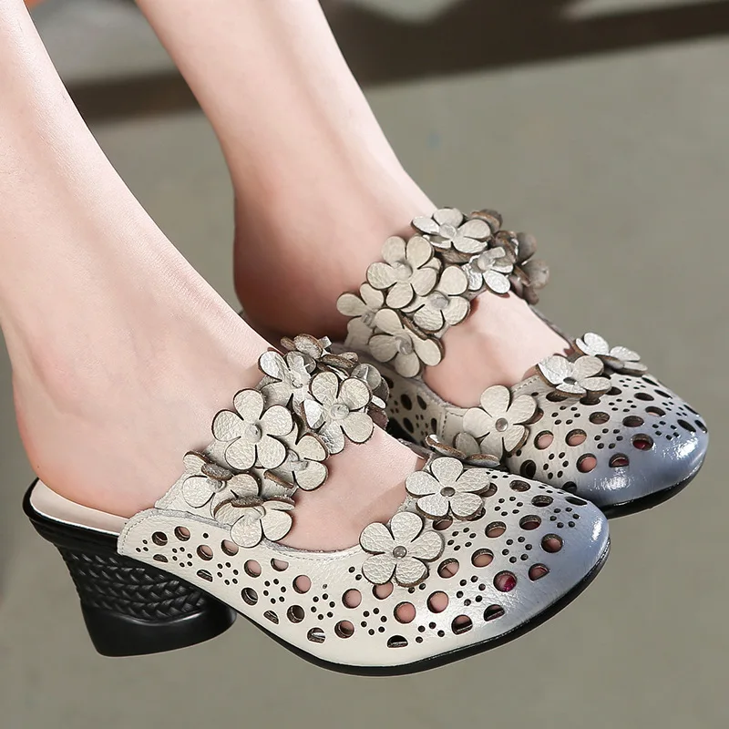 Женские кожаные шлепанцы Летняя обувь бежевого цвета на высоком каблуке 7 см