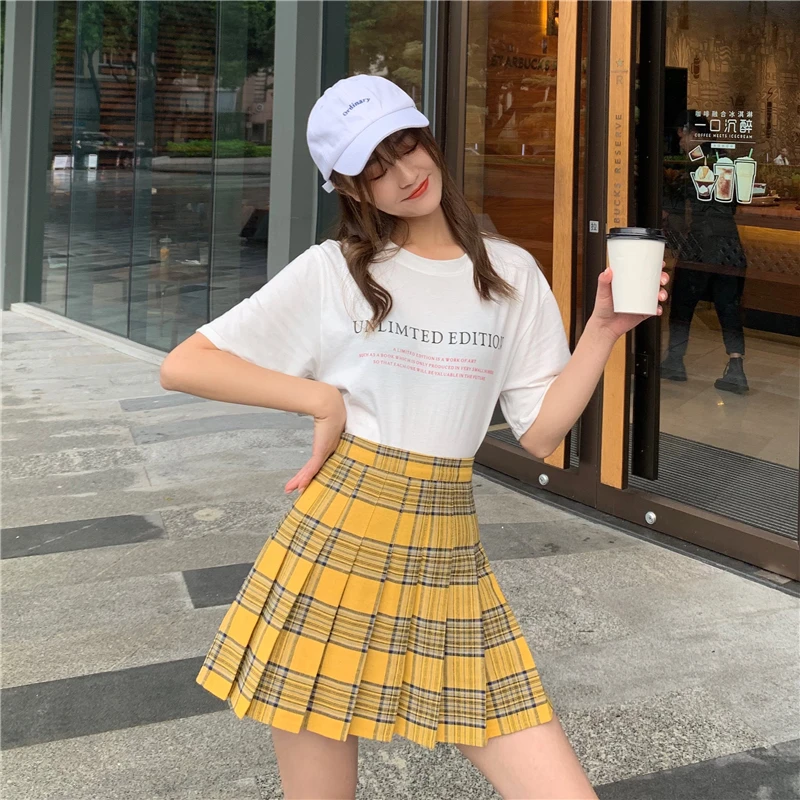 Женская плиссированная юбка Ruibbit желтая повседневная в клетку стиле Харадзюку