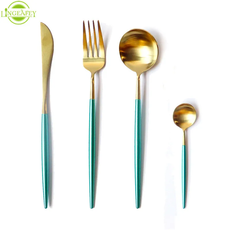 LF3greengold1set Столовые приборы из нержавеющей стали наборы ножей белый золотой набор посуды столовые приборы кухонные принадлежности западные столовые приборы - Цвет: LF3greengold1set