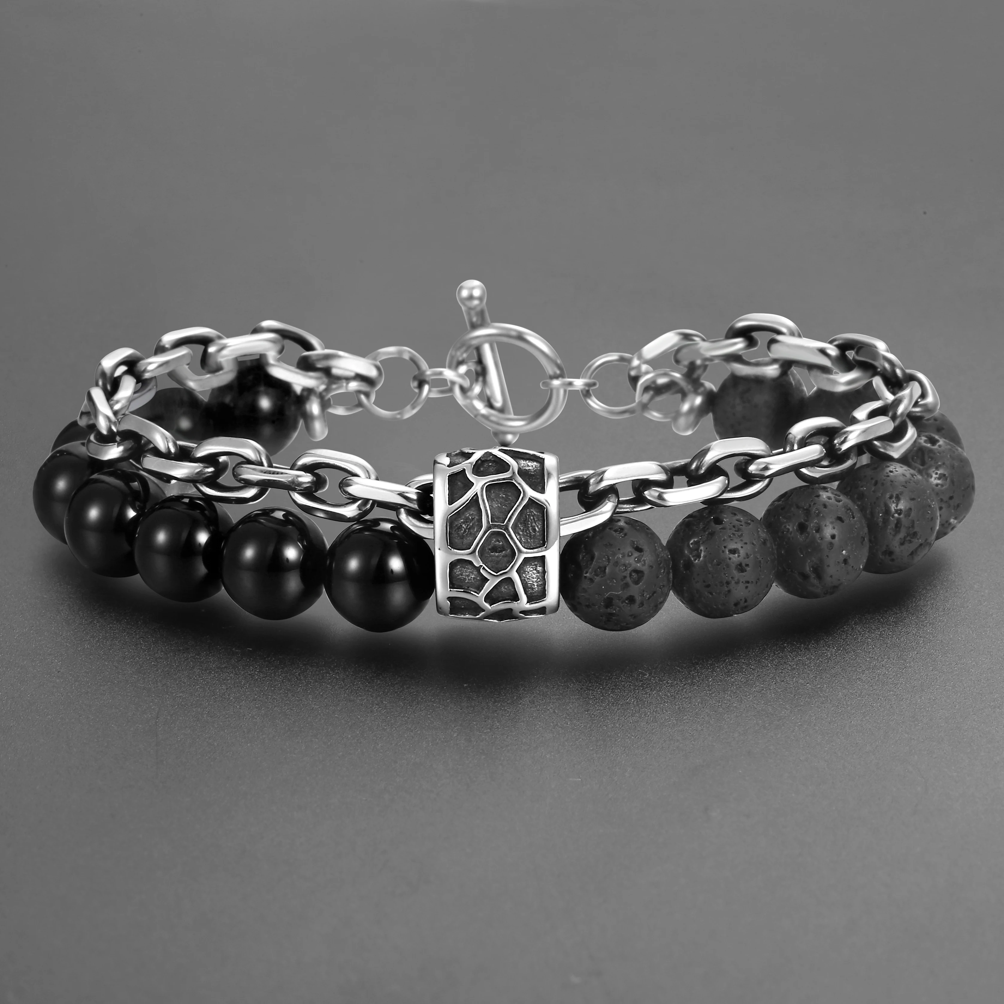 Браслет из лавового камня с бусинами нержавеющей стали горный бисер браслет