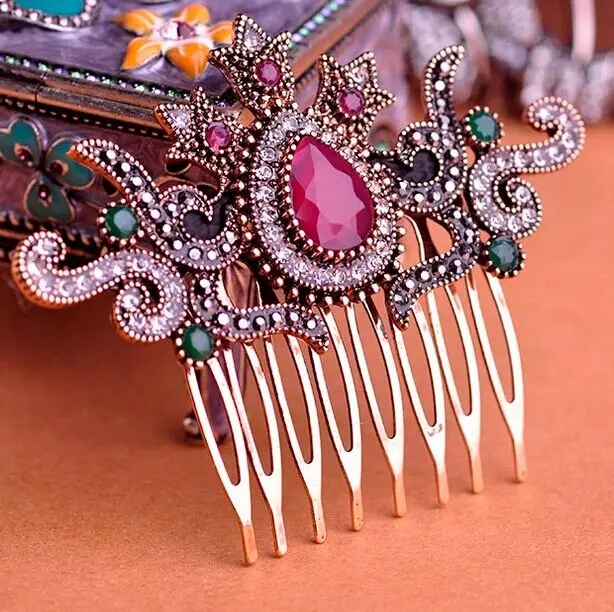 Винтажные женские расчески для волос Бренд Турецкая Bijoux зеленая корона большие акриловые капли Hairwear античные золотые аксессуары для волос ВАЗ