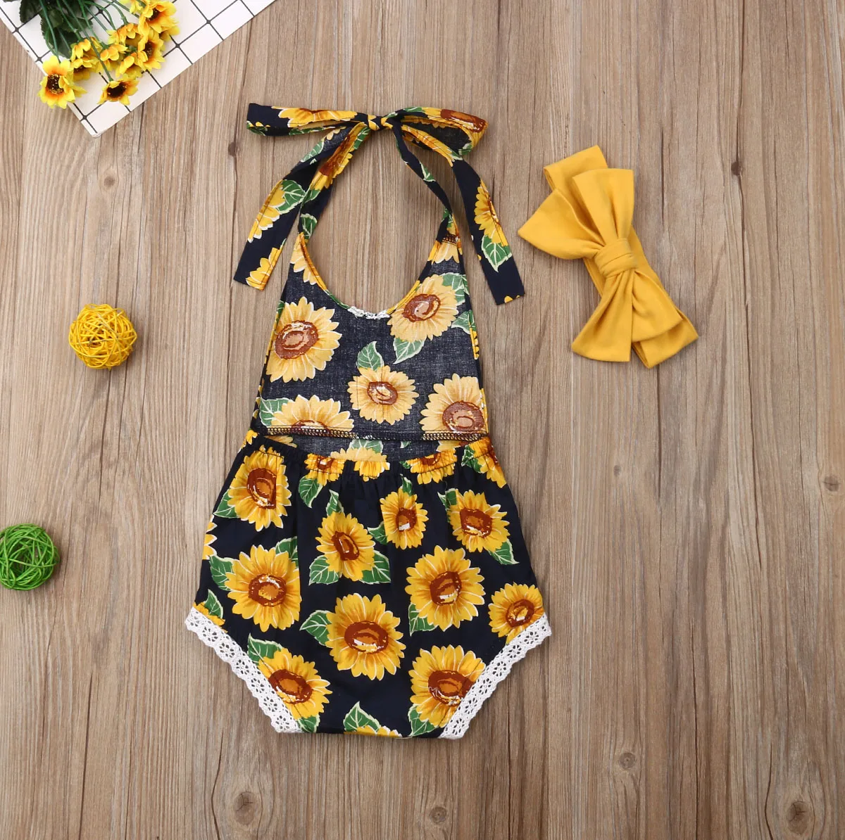 Новый комбинезон с подсолнухом для маленьких девочек повязка на голову летняя
