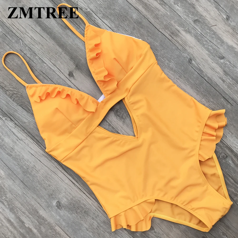 ZMTREE открытый купальник Женский цельный Желтый купальный костюм с оборками 2018