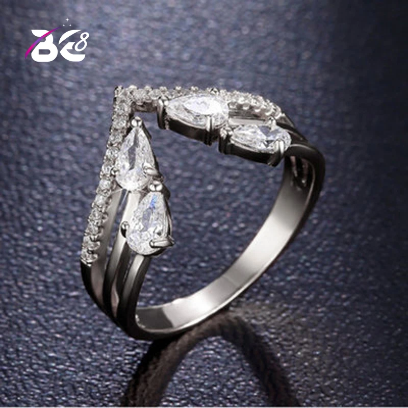 

Be 8 New European Women Rings White Gold Color Micro Pave CZ Stone Big V Shape Ring Fashion Jewelry for Women R131
