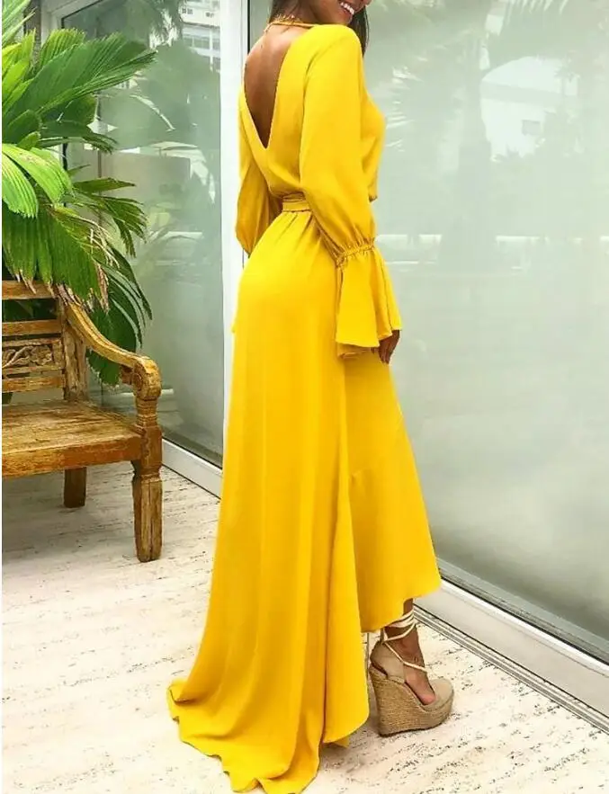 Женское однотонное платье с v-образным вырезом и длинным рукавом богемное