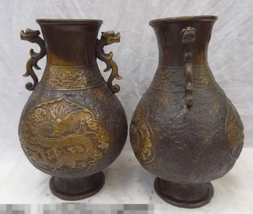 

S00802 12" Chinese Bronze Gilt Wealth Dragon Head Unicorn Statue Flower Vase Pot Pair
