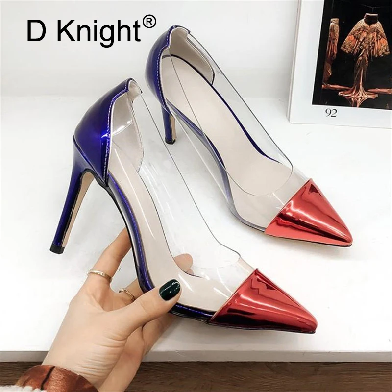 

Clear PVC transparent pumps slip on perspex heel stilettos high heels point toe women party shoes nightclub pumps big size 32-45