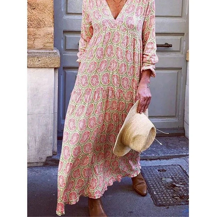 Женское платье макси с длинным рукавом Boho Пляжное цветочным принтом на осень