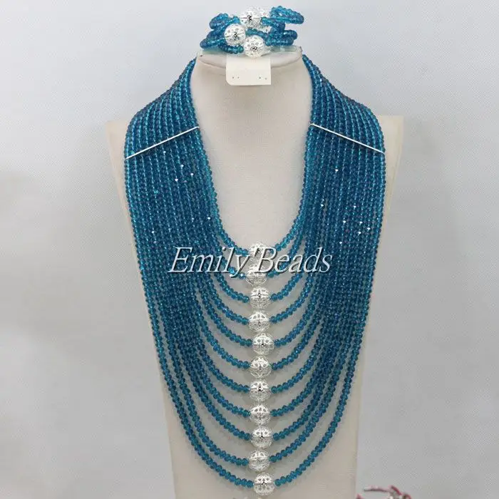 Бирюзовый синий свадебный комплект ювелирных изделий серебряные нигерийские