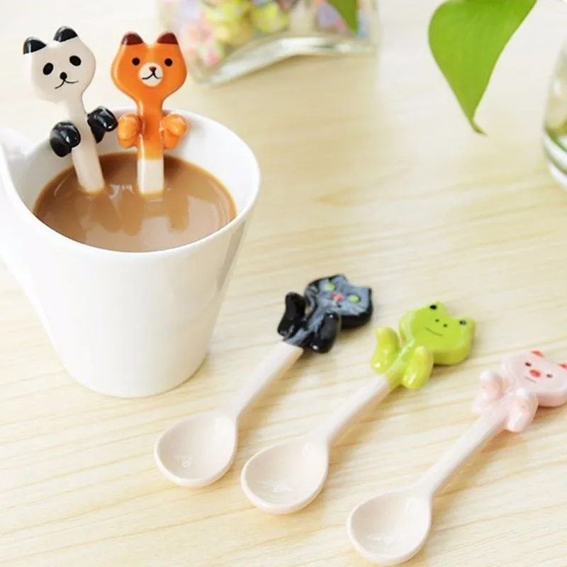 Керамическая ложка для соуса с милыми животными 1 шт. перемешивания кофейная