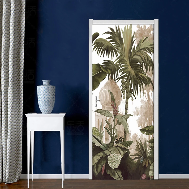 Европейские винтажные тропические листья 3D наклейка на дверь ПВХ самоклеящаяся