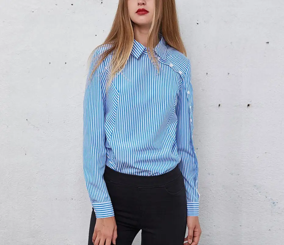 Женская офисная блузка в полоску с v образным вырезом и длинным рукавом весна