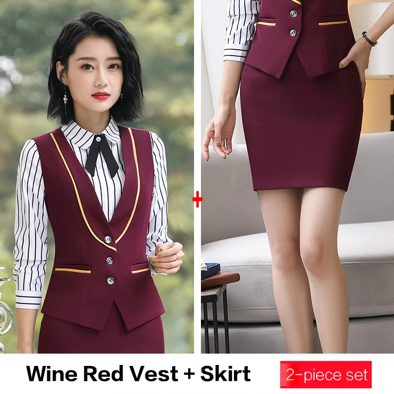 wine red Новая летняя рабочая одежда женская костюмная юбка OL плюс размер 4XL комплект с маечкой Женская одежда жилет+ юбка 2 комплекта Женская официальный офисный стиль Костюмы - Цвет: wine red