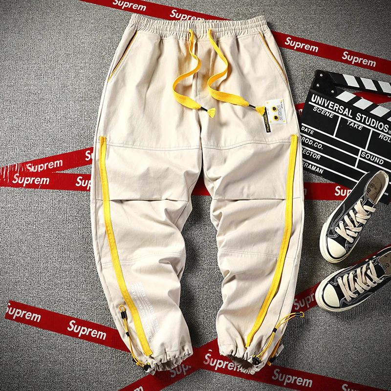 

Streetwear Joggers Men Striped Zipper Mens Harem Pants Cotton Casual Ankle-length Trousers Men