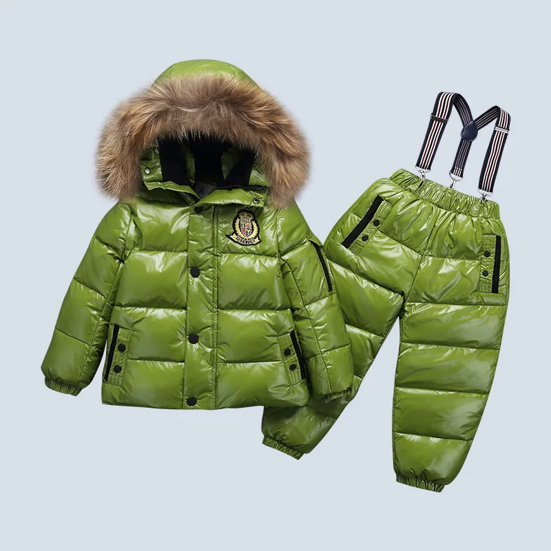 Waterproof green Зимние комплекты одежды для детей до-30 градусов белая зимняя одежда на утином пуху для маленьких мальчиков и девочек плотные пальто, комбинезон, куртка детский комплект одежды - Цвет: Waterproof green