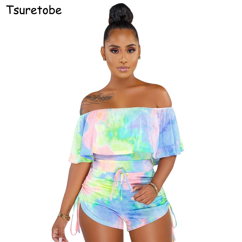 

Tsuretobe Sexy Tie Dye Print Playsuit Slash Neck Woman Casual Ruffle Jumpsuit Off Shoulder Bodycon Bandage Party Bodysuit Outfit