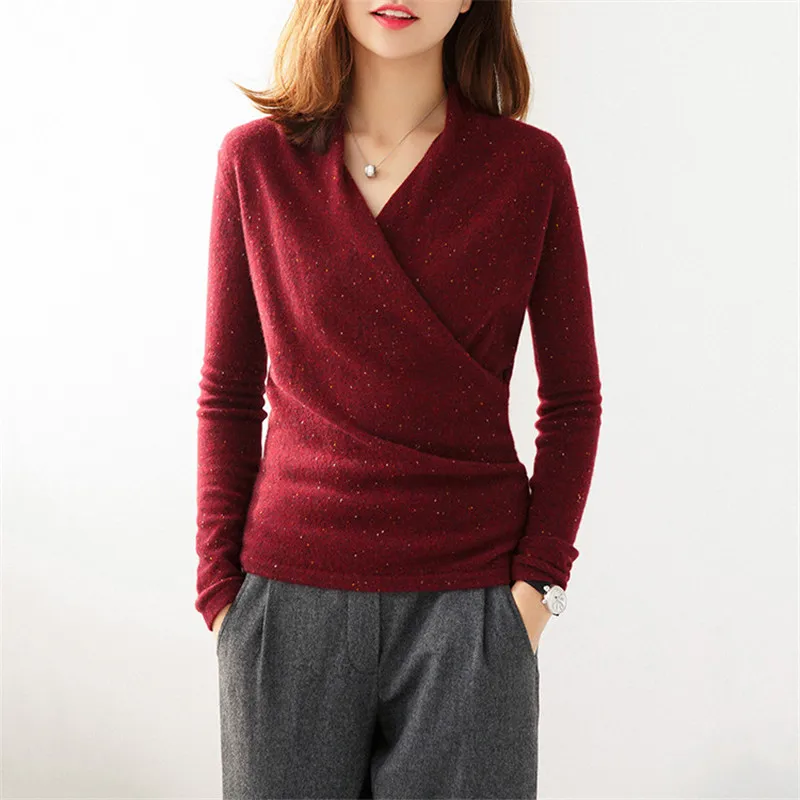 

fine goat cashmere dots clip yarns knit cross Vneck women fashion pullover sweater claret S-2XL