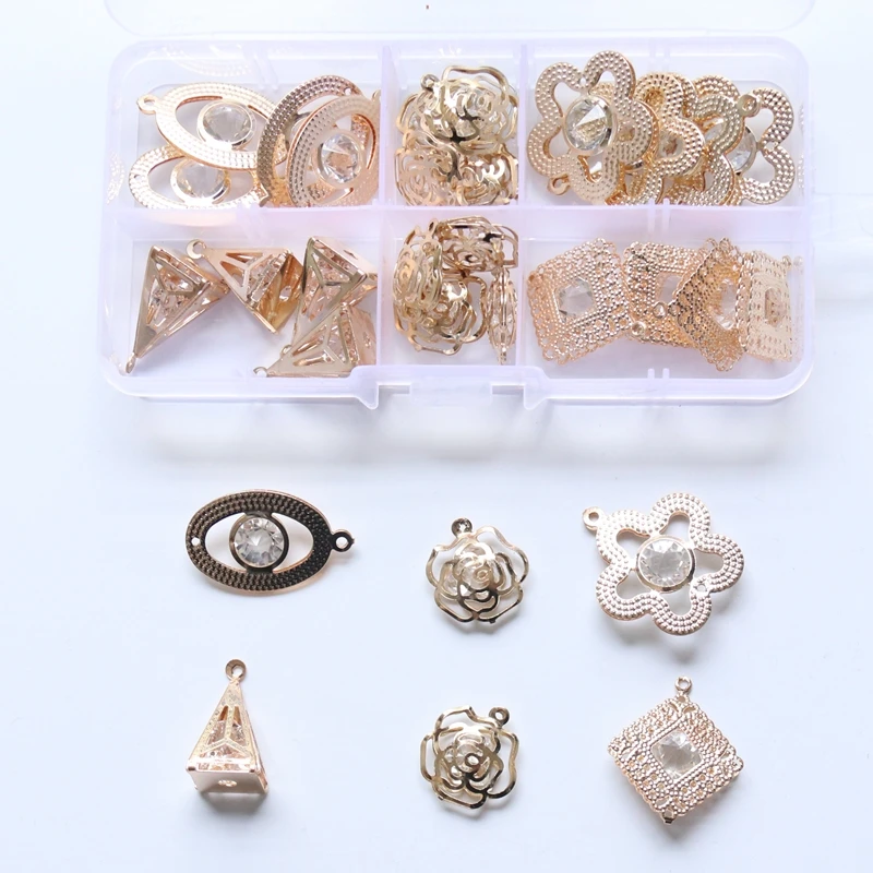 30Pcs/Set Mix Geometry Shape KC Gold Color Alloy Glass Crystal Rhinestone Inner Jewellery Pendants Jewelry Charms | Украшения и